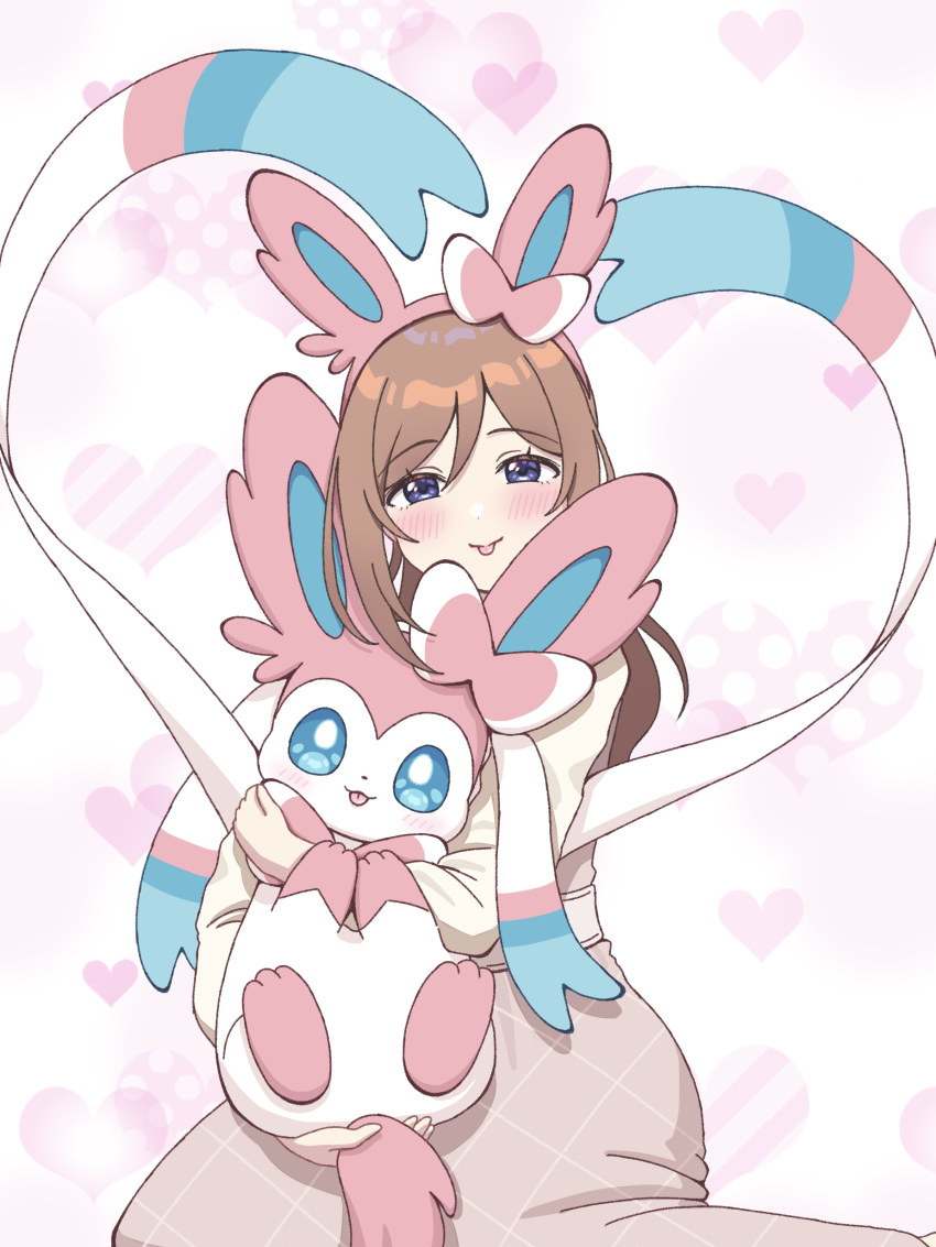 1girl, :p, absurdres, animal_ear_hairband, animal_ears, blue_eyes, blush, brown_hair