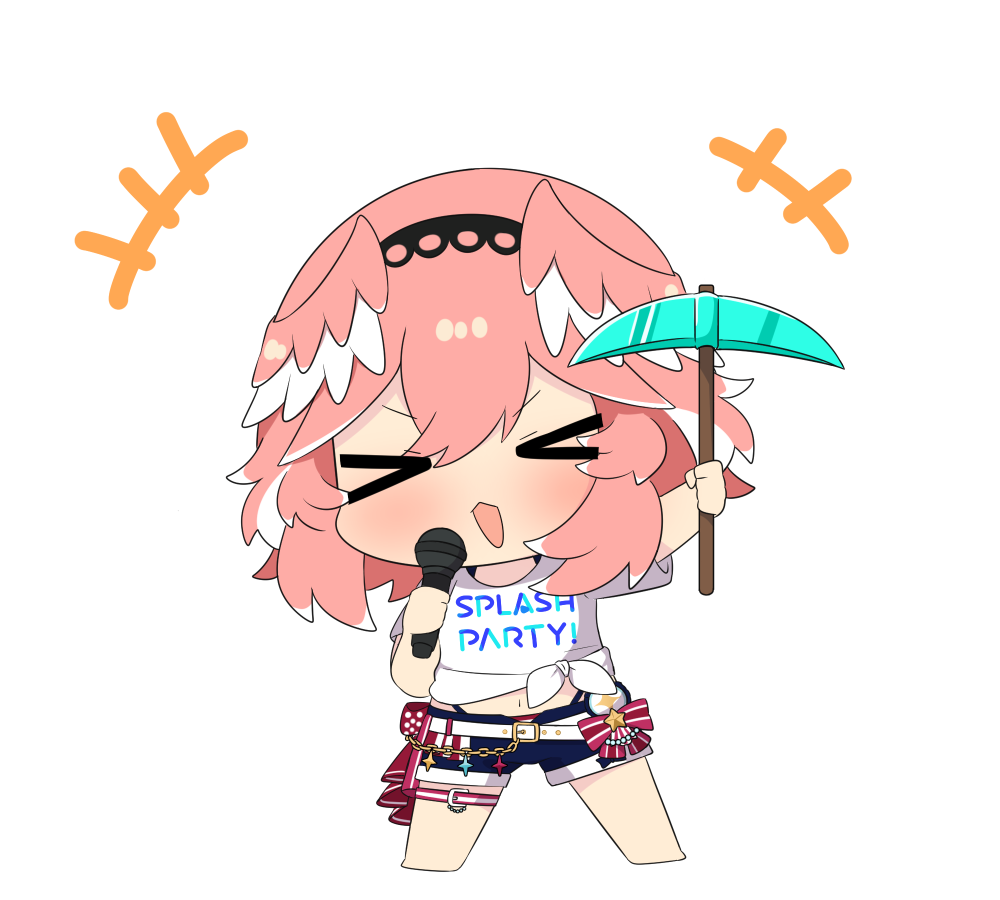>_<, +++, 1girl, barefoot, belt, bikini, bikini_bottom_under_shorts, bikini_under_clothes, black_hairband, black_shorts, blush, bow, chibi, chibi_only, closed_eyes, clothes_writing, commentary_request, double-parted_bangs, hair_between_eyes, hairband, head_wings, holding, holding_microphone, holding_pickaxe, hololive, hololive_summer_2023_swimsuit, microphone, minecraft_pickaxe, no_feet, official_alternate_costume, open_mouth, pickaxe, pink_hair, pink_wings, shirt, shorts, simple_background, solo, swimsuit, t-shirt, takane_lui, thigh_strap, tied_shirt, twumi, virtual_youtuber, waist_bow, white_background, white_belt, white_shirt, wings