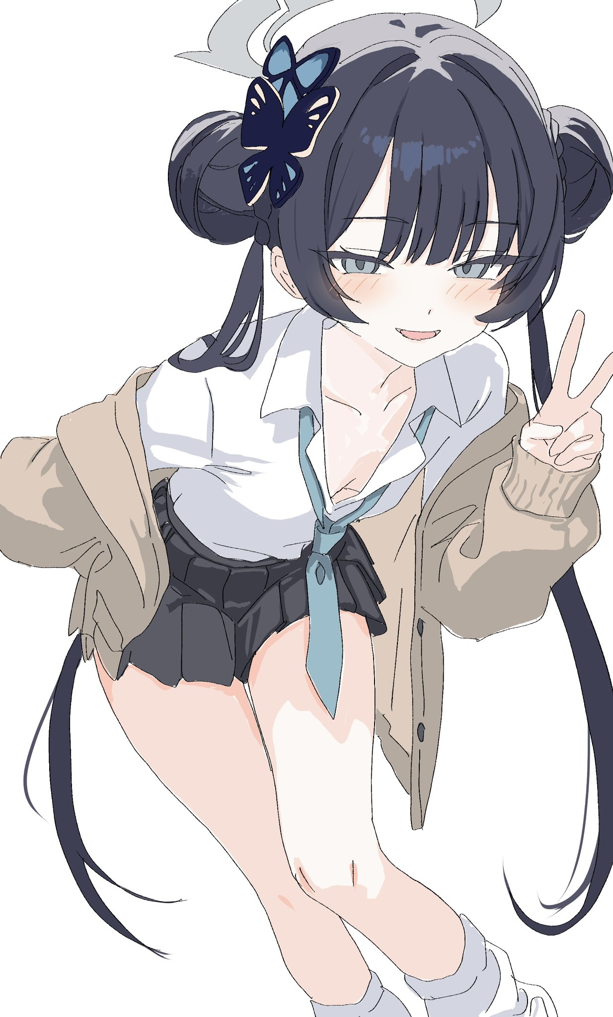 1girl, :d, black_hair, blue_archive, breasts, butterfly_hair_ornament, collared_shirt, commentary_request
