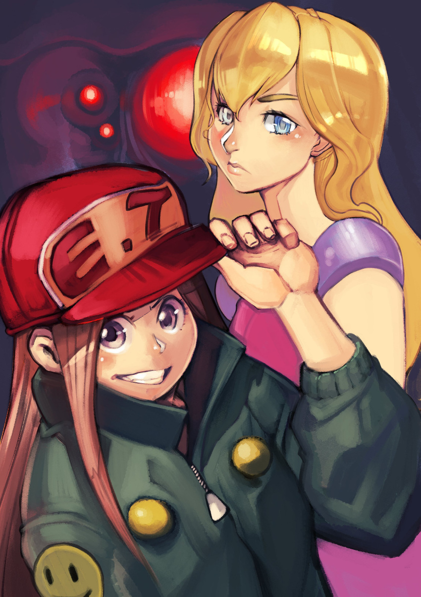 2girls, absurdres, blonde_hair, blue_eyes, brown_hair, closed_mouth, commentary_request, hat
