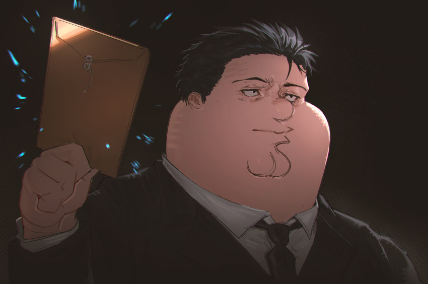 1boy, absurdres, black_background, black_eyes, black_hair, black_necktie, black_suit, collared_shirt, commentary, constricted_pupils, cosplay, family_guy, highres, higuruma_hiromi, higuruma_hiromi_(cosplay), holding, jacket, jujutsu_kaisen, kowai_(iamkowai), lapels, looking_ahead, male_focus, necktie, notched_lapels, peter_griffin, scene_reference, shirt, short_hair, suit, suit_jacket, white_shirt
