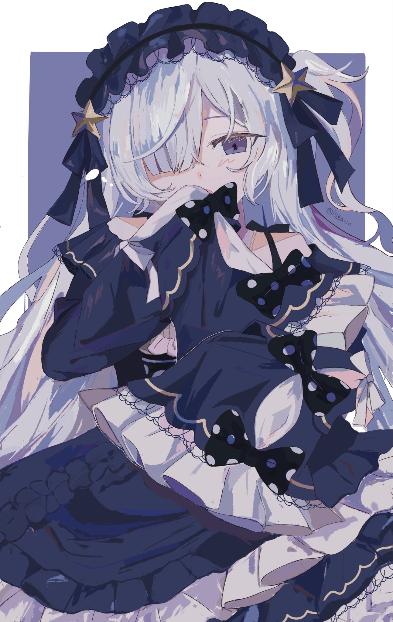 1girl, black_dress, black_hairband, blush, border, commentary_request, covering_own_mouth, cowboy_shot
