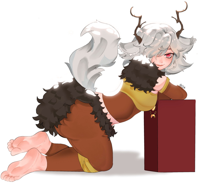 1girl, animal_ears, antlers, barefoot, brown_leggings, commentary, commission, crescent