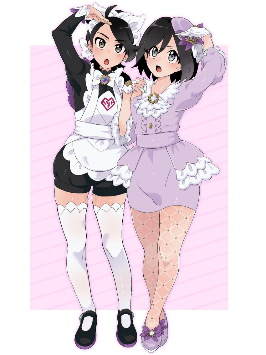 2boys, :o, ahoge, apron, arm_up, black_hair, black_romper, black_shoes