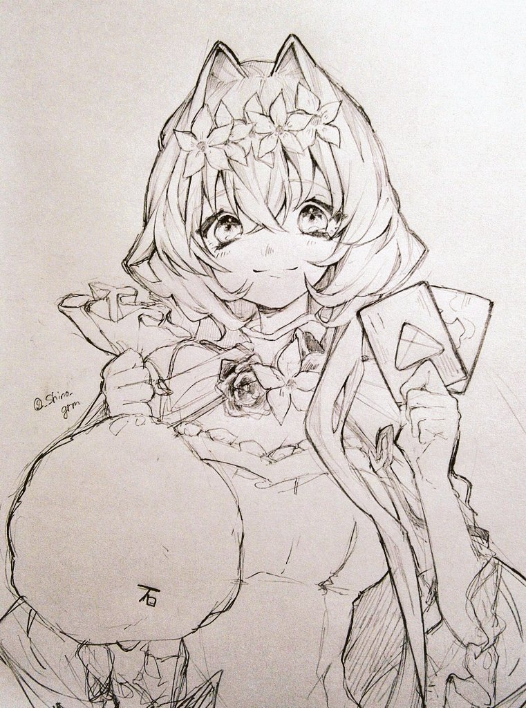 1girl, bag, breasts, capelet, card, closed_mouth, dress, flower