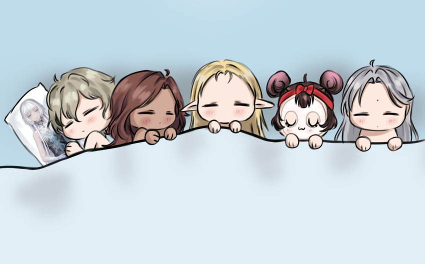 2girls, 3boys, aloysius_(shining_nikki), beauty_mask, blonde_hair, blue_background, body_pillow, bow
