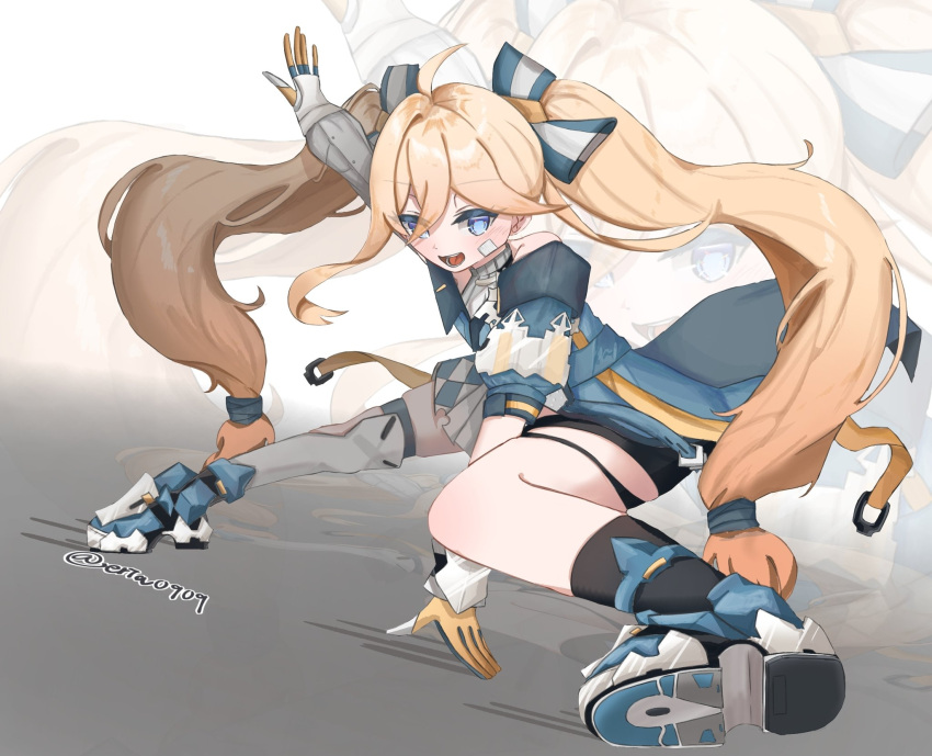 1girl, aged_down, bandage_on_face, bandages, blonde_hair, blue_eyes, commentary_request, durandal_(honkai_impact)