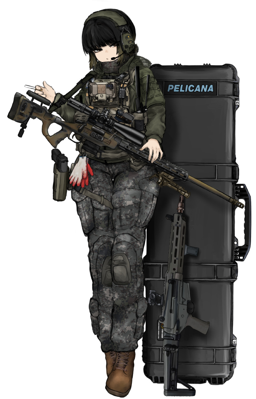 1girl, absurdres, assault_rifle, bdp_lee, blood_on_gloves, boots, cigarette, earphones, gun, handgun, highres, military, military_combat_uniform, military_uniform, original, rifle, shield, smoke, sniper_rifle, tactical_clothes, weapon, white_background