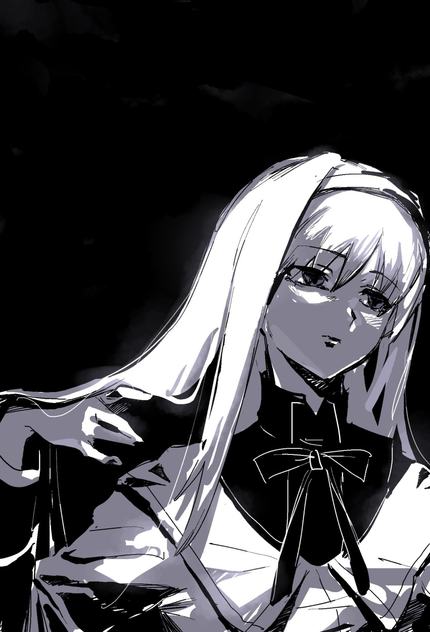 1girl, akemi_homura, akemi_homura_(magical_girl), black_background, black_collar, black_hair, closed_mouth, collar