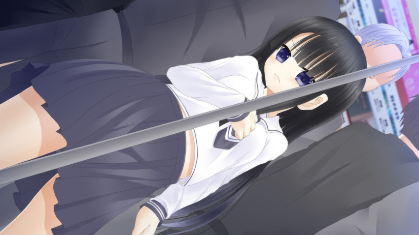 1girl, 3boys, asymmetrical_bangs, black_hair, blue_eyes, blue_neckerchief, blue_skirt, blunt_bangs