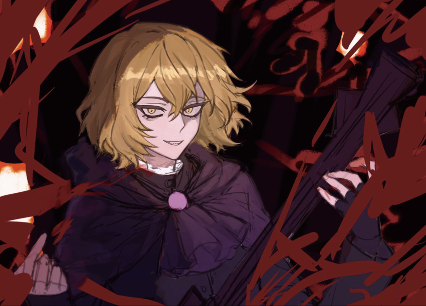 1boy, ascot, black_ascot, black_cape, black_gloves, black_shirt, blonde_hair, brooch, cape, e.g.o_(project_moon), eyelashes, fingerless_gloves, gem, gloves, grin, hair_between_eyes, hands_up, harmony_(e.g.o), highres, holding, holding_instrument, instrument, jewelry, limbus_company, male_focus, musical_note-shaped_pupils, mysopheia, pink_gem, portrait, project_moon, red_background, sharp_teeth, shirt, sinclair_(project_moon), smile, solo, symbol-shaped_pupils, teeth, tsurime, yellow_eyes