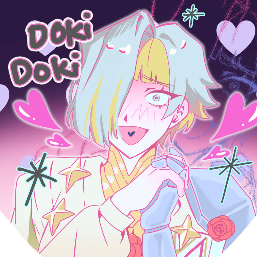 1girl, armor, asymmetrical_bangs, blonde_hair, blush, eyelashes, flower, gauntlets