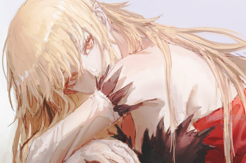 1girl, bare_shoulders, blonde_hair, breasts, covered_mouth, dress, feather-trimmed_dress, feather-trimmed_gloves