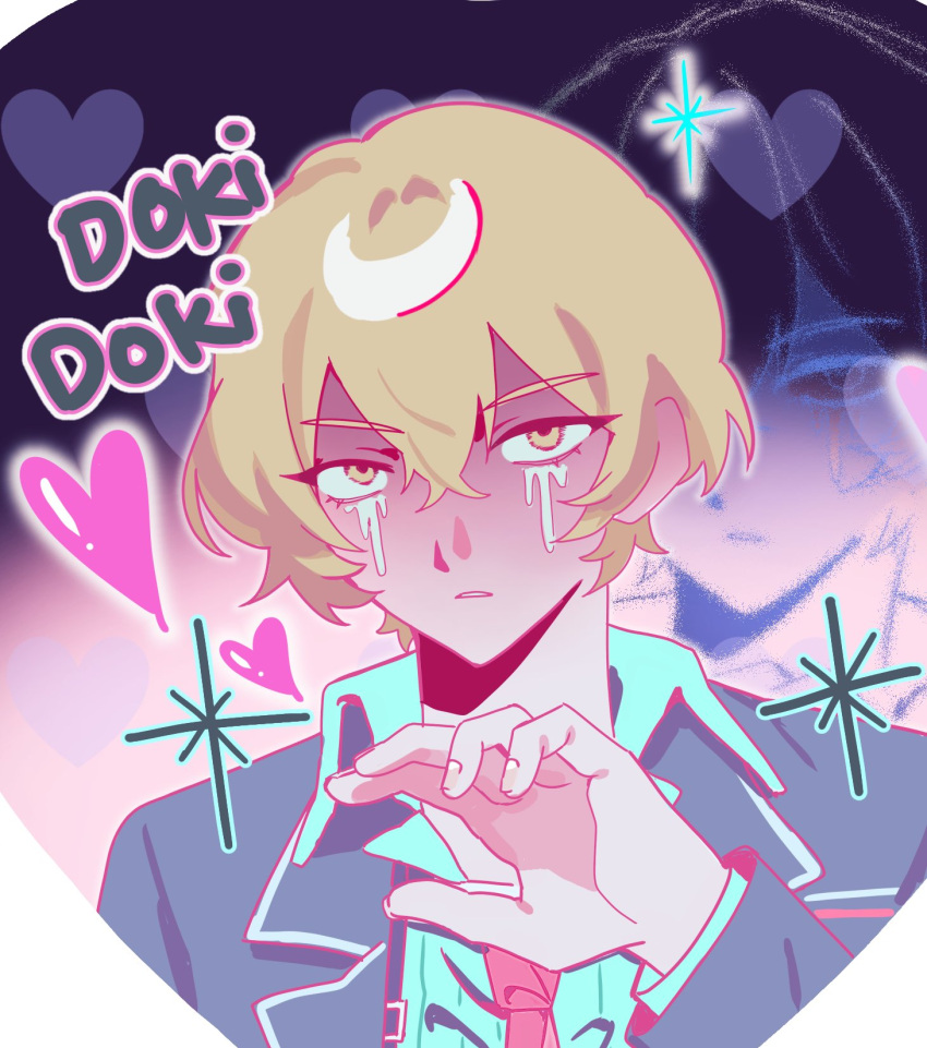 1boy, black_coat, black_sleeves, blonde_hair, coat, collared_shirt, crying, crying_with_eyes_open