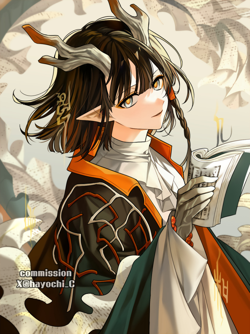 1girl, arknights, black_hair, book, chinese_commentary, commentary_request, commission, grey_eyes