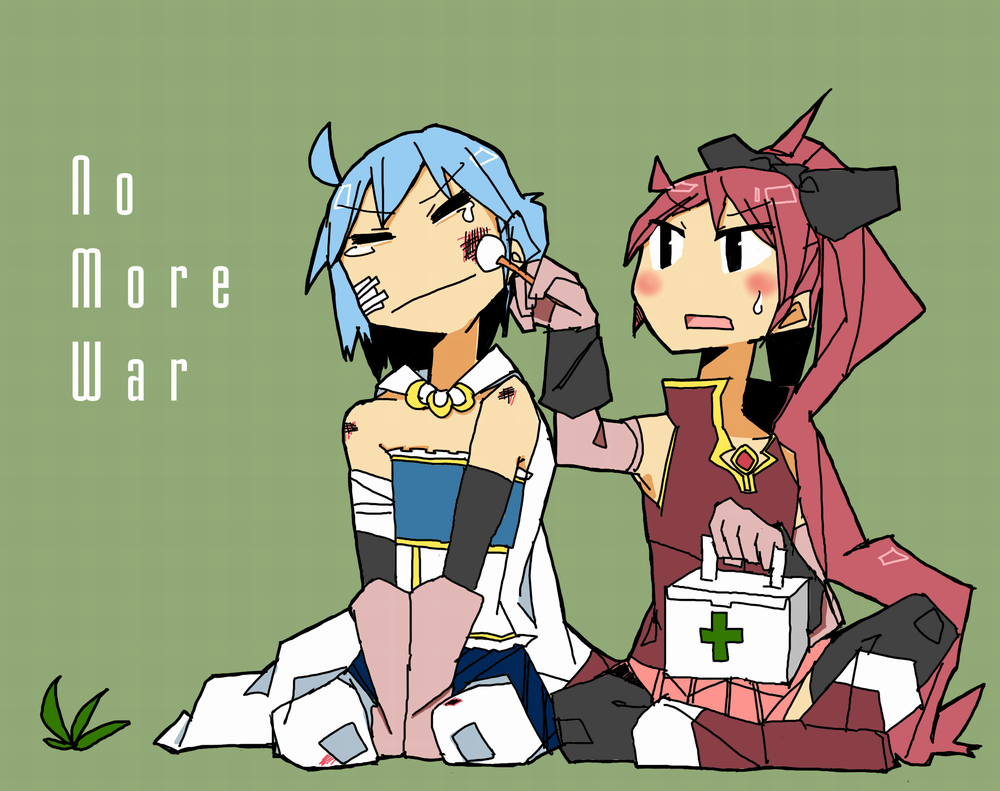 adomi, bandage, bandages, bare_shoulders, blue_hair, blush, boots, bow