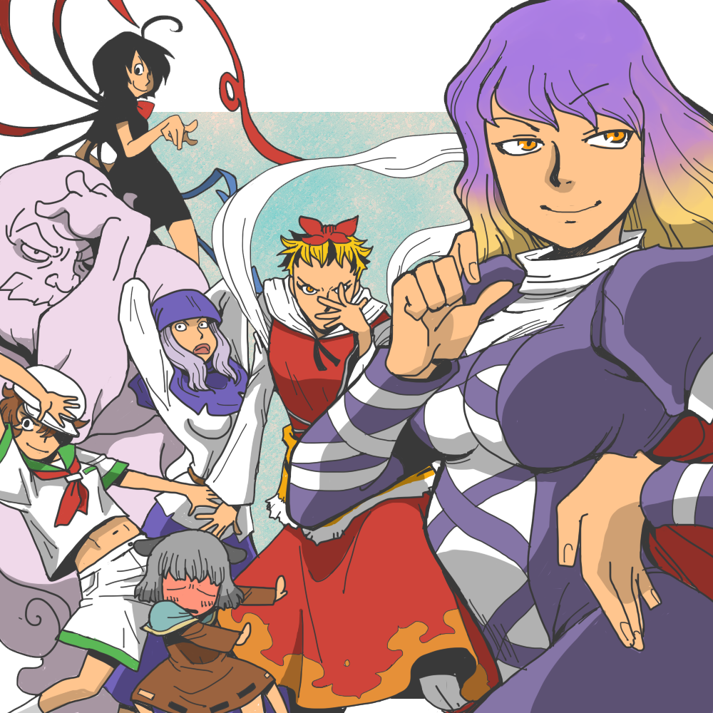 animal_ears, asymmetrical_wings, black_hair, blonde_hair, blue_hair, blush, breasts, cloud