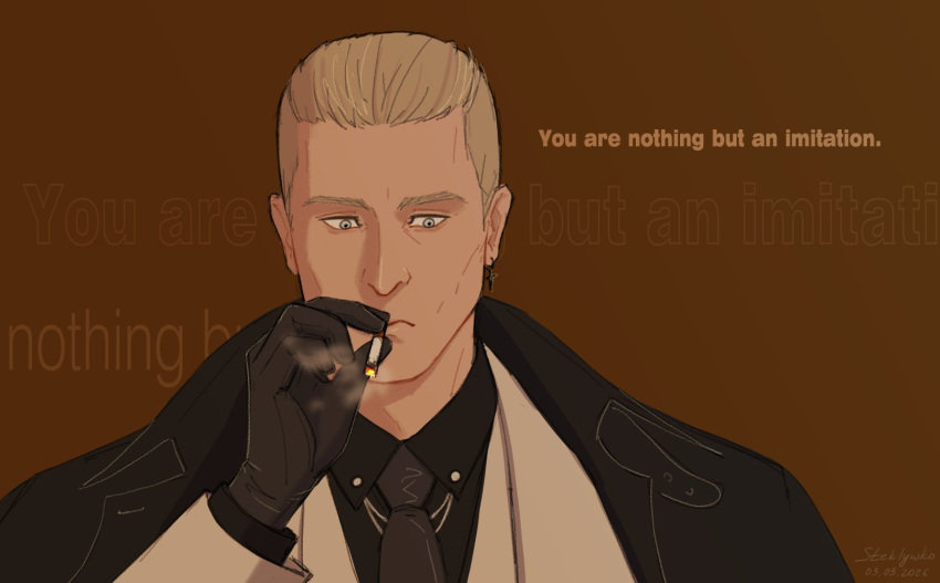1boy, black_necktie, blonde_hair, cigarette, formal_clothes, hair_pulled_back, highres, holding