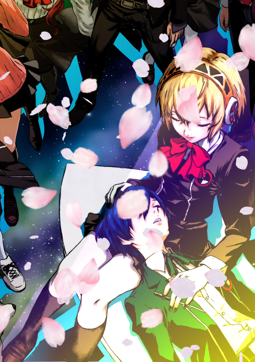 4boys, 4girls, absurdres, aigis_(persona), amada_ken, android, black_shoes, black_skirt
