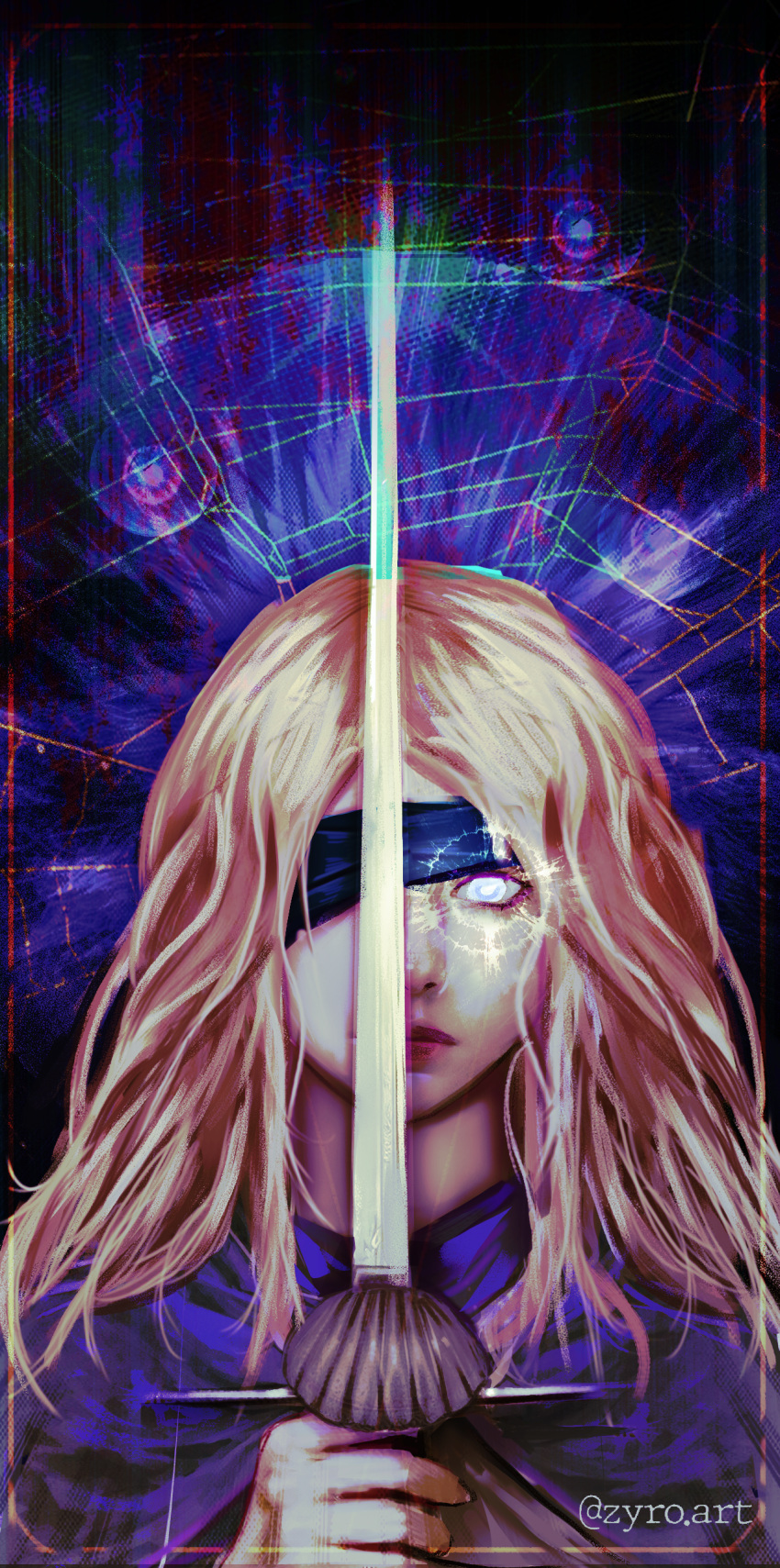 1girl, abstract_background, absurdres, artist_name, blindfold, blindfold_lift, blonde_hair, blue_cloak, blue_eyes, cassie_(shadow_slave), character_name, chromatic_aberration, cloak, closed_mouth, commentary, glowing, glowing_eye, halftone, highres, holding, holding_sword, holding_weapon, inset_border, long_hair, looking_at_viewer, one_eye_covered, portrait, rapier, shadow_slave, solo, spider_web_background, sword, vignetting, weapon, zyroart