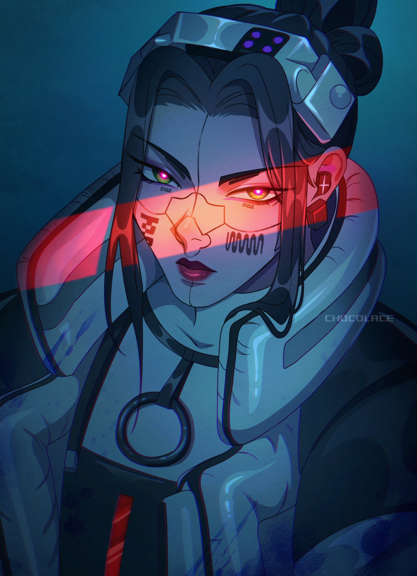 1girl, absurdres, black_hair, cchocolace, commentary, english_commentary, facial_mark, forehead