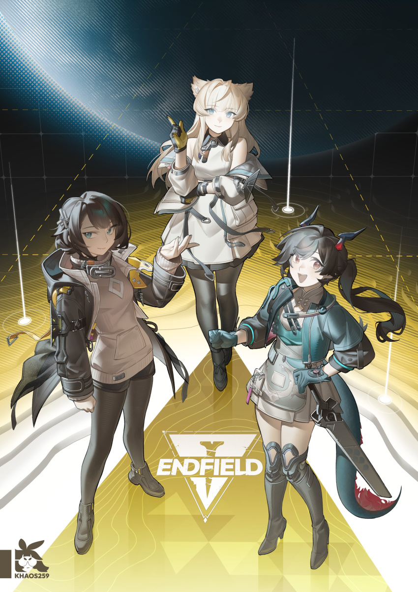 3girls, absurdres, animal_ears, arknights, arknights:_endfield, artist_name, bare_shoulders, bird_ears