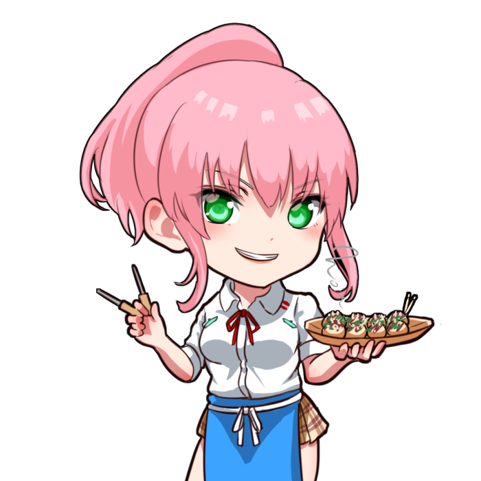 1girl, adapted_costume, aikawa_megumi, alternate_hairstyle, apron, blue_apron, blush, brown_skirt