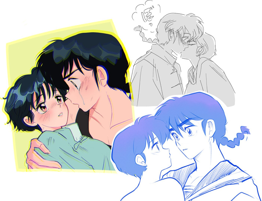 1boy, 1girl, black_hair, blue_hair, blush, braid, chinese_clothes, collarbone