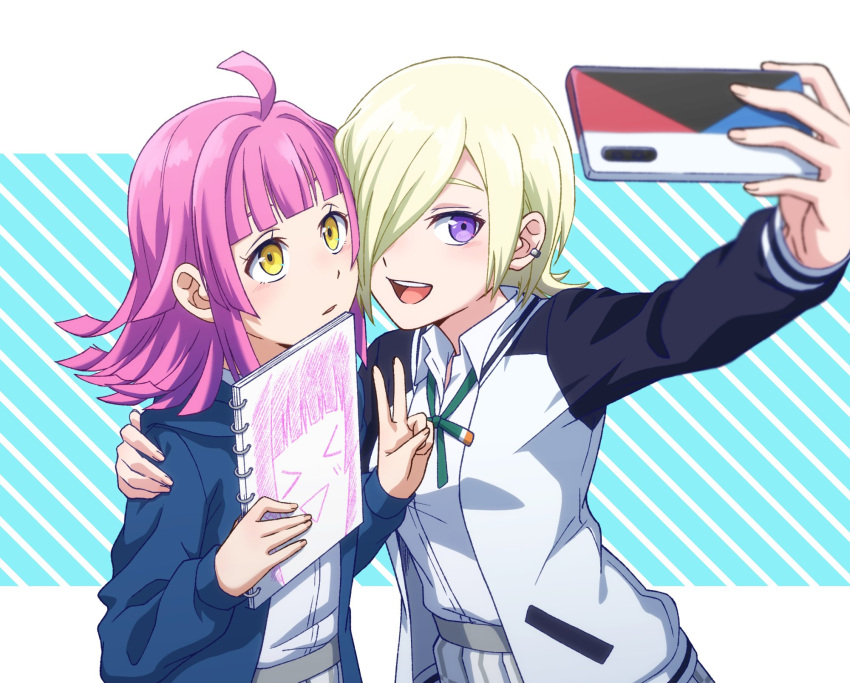 2girls, blonde_hair, blue_eyes, blue_jacket, commentary_request, hair_over_one_eye, highres, holding