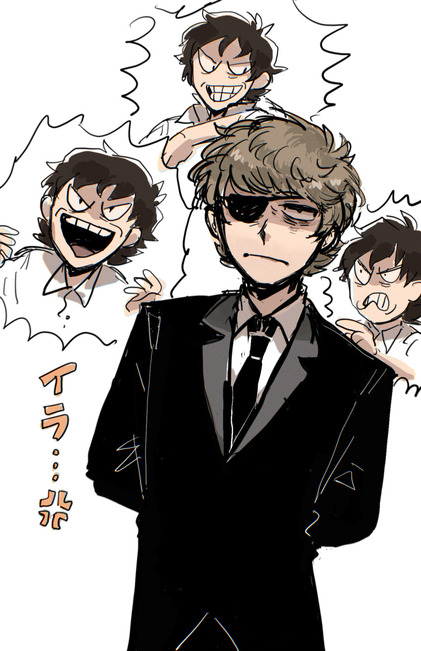 2boys, :|, animification, annoyed, antenna_hair, arms_behind_back, bags_under_eyes, black_eyes, black_jacket, black_necktie, black_suit, blonde_hair, brown_hair, christopher_bingbong_(eddsworld), closed_mouth, collared_shirt, commentary_request, eddsworld, eyepatch, grin, highres, jacket, jitome, larry_(eddsworld), male_focus, multiple_boys, necktie, open_mouth, pointing, rainbowmisosoup, shaded_face, shirt, short_hair, simple_background, smile, solo_focus, suit, translation_request, upper_body, white_background, white_shirt