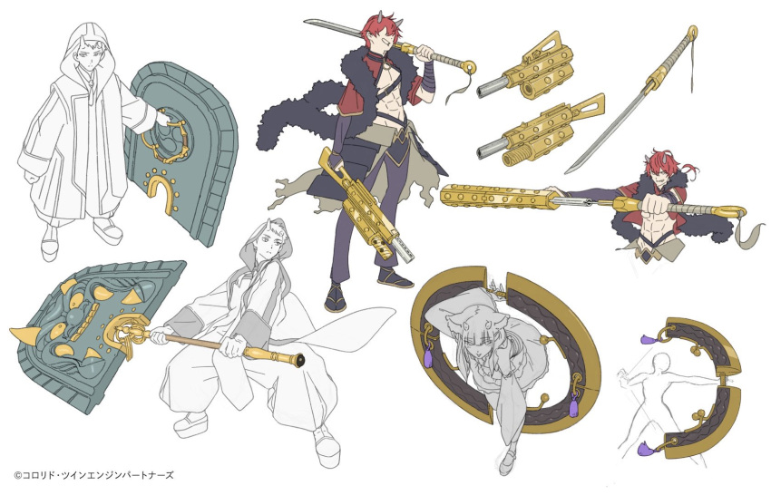 3boys, bow, chakram, cho_kaguya-hime!, club_(weapon), concept_art, crossdressing, crossdressing_(mtf)