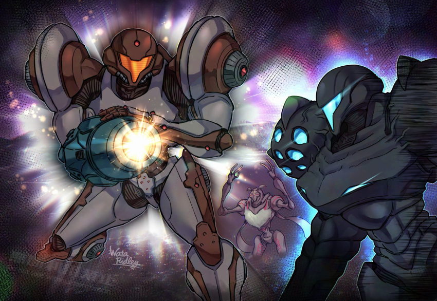 1other, 2girls, arm_cannon, armor, assault_visor, blue_visor, dark_samus, dark_suit_(metroid), glowing, helmet, metroid, metroid_prime_2:_echoes, multiple_girls, orange_visor, power_armor, power_suit_(metroid), samus_aran, science_fiction, shoulder_armor, u-mos, wakaba_(wata_ridley), weapon