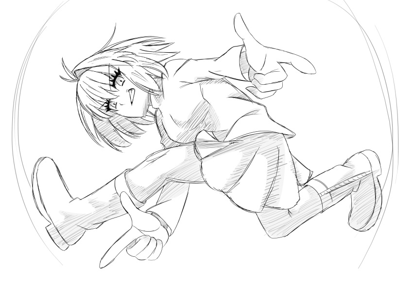 1girl, absurdres, ahoge, alterworshiper, arcueid_brunestud, boots, dynamic_pose, finger_gun