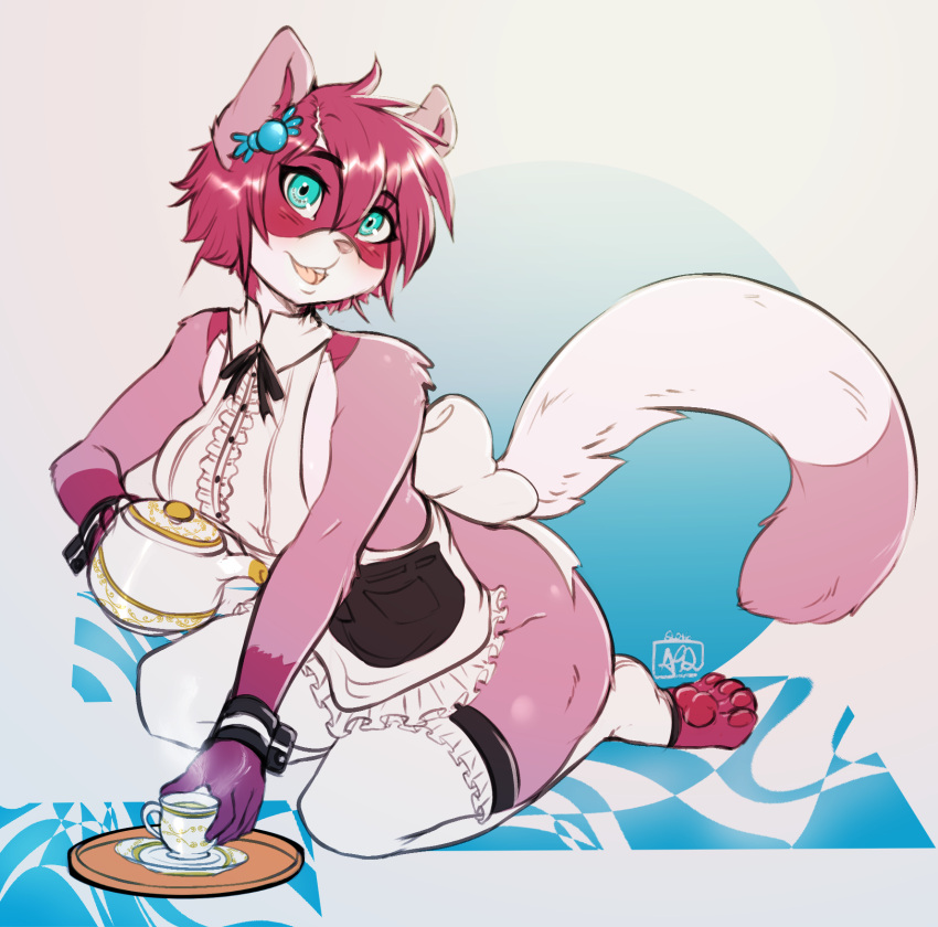 1girl, aqua_eyes, avante92, bow, cup, ferret, furry, furry_female