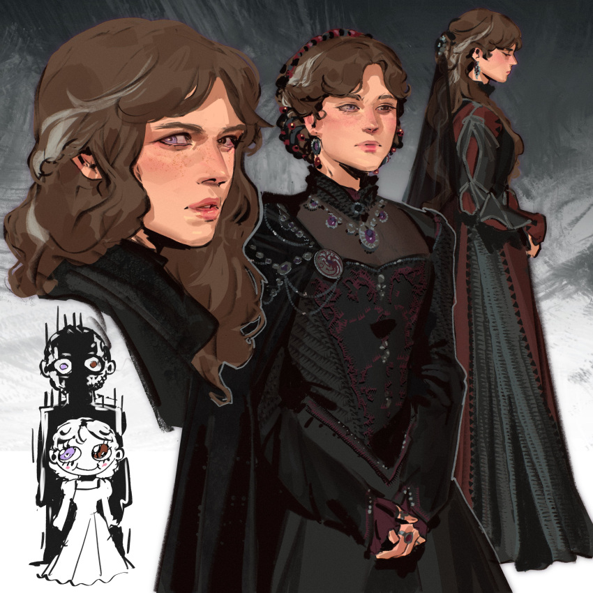 1boy, 1girl, a_knight_of_the_seven_kingdoms, a_song_of_ice_and_fire, absurdres, baelor_targaryen, behind_another, black_dress