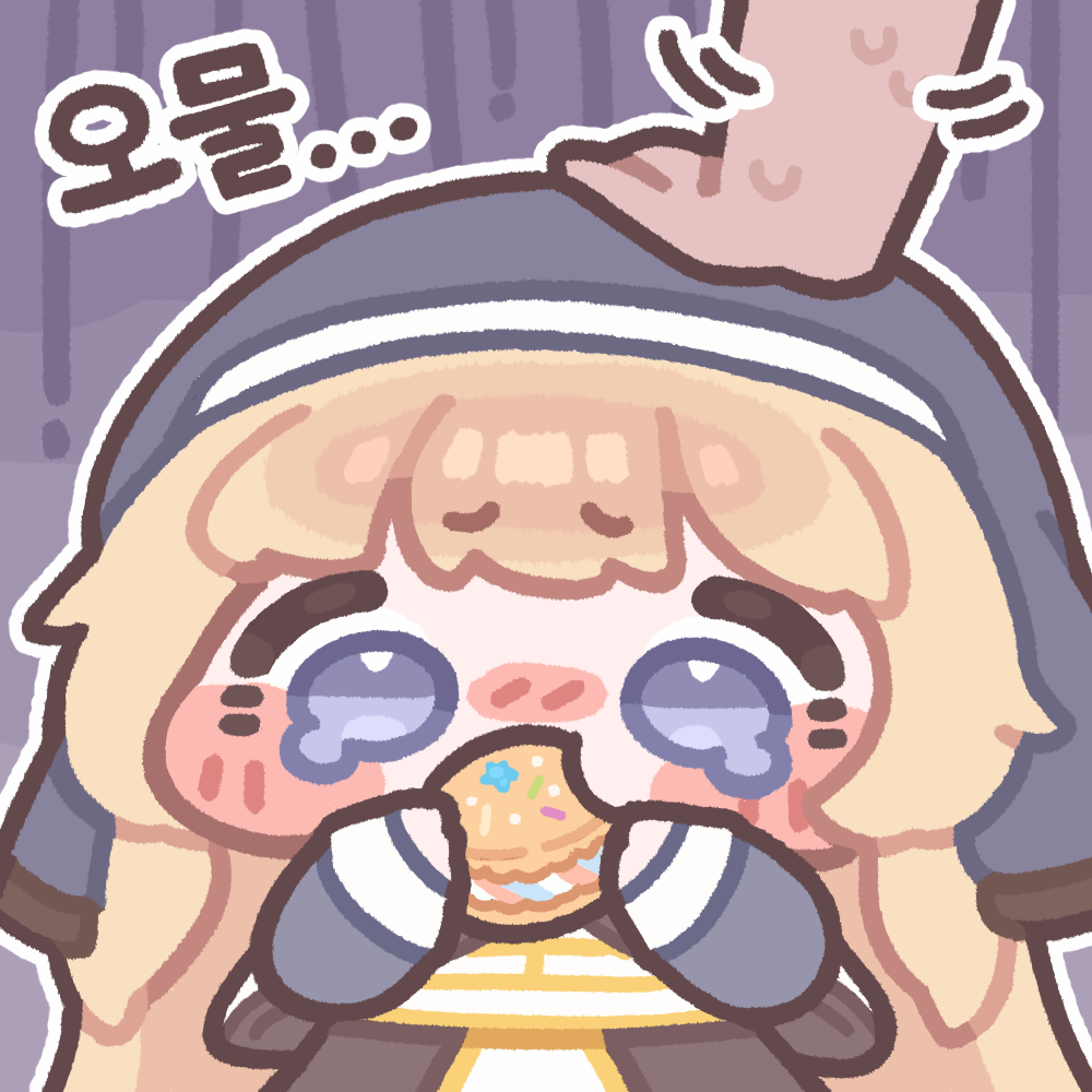 1girl, blue_eyes, blush_stickers, commentary_request, food, full_body, headpat, holding