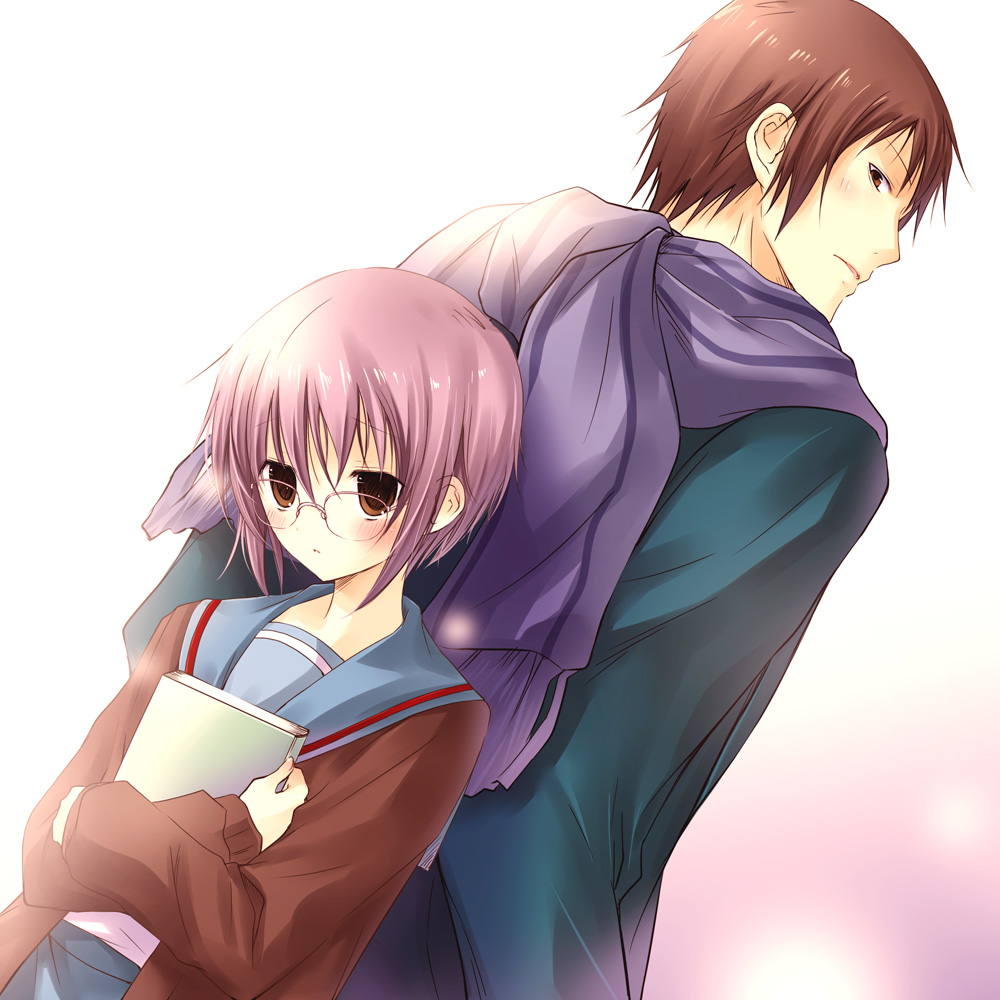 back_to_back, brown_eyes, cardigan, glasses, height_difference, kyon, nagato_yuki, purple_hair, scarf, school_uniform, short_hair, suzumiya_haruhi_no_shoushitsu, suzumiya_haruhi_no_yuuutsu, tall, vanilla_(artist), vanilla_(nicolla)
