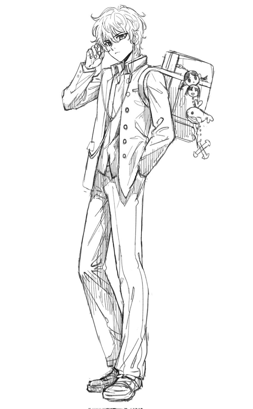 1boy, bag, baixiang1234567, buttons, closed_mouth, commentary_request, earphones, fate/strange_fake