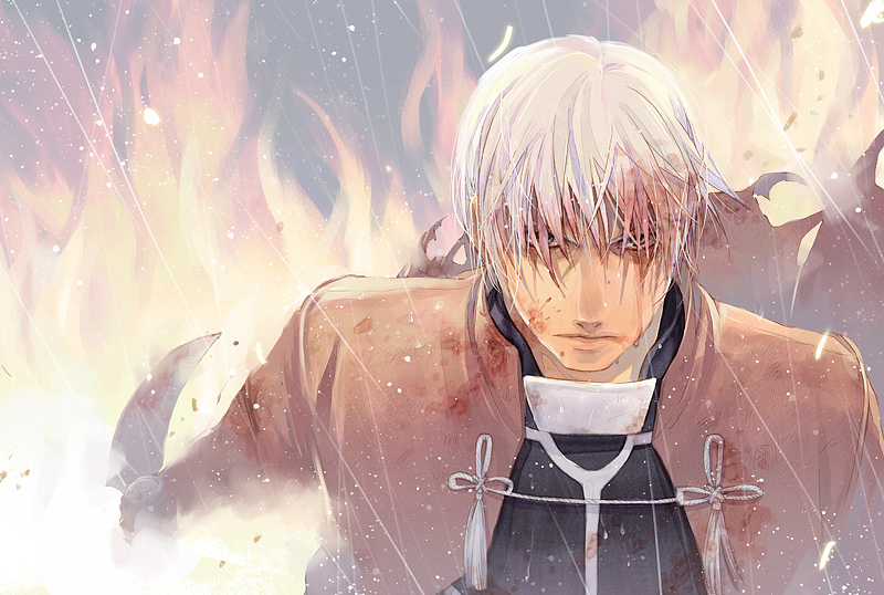 archer, blood, blood_on_face, fate/stay_night, fate_(series), fire, koto_eri, male, serious, solo, white_hair