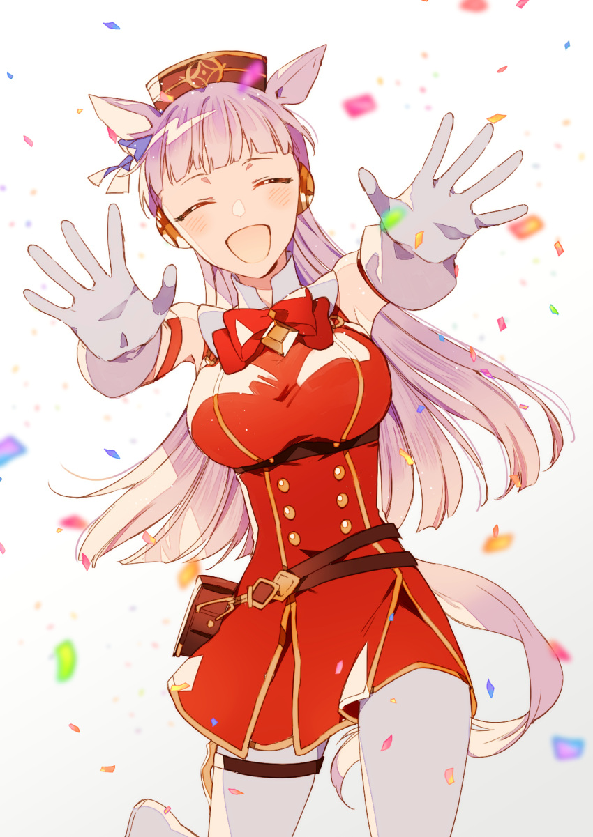 1girl, animal_ears, armband, blunt_bangs, blush, bow, bowtie, breasts, brown_hat, closed_eyes, commentary_request, confetti, dress, ear_bow, ear_ribbon, facing_viewer, gloves, gold_ship_(red_strife)_(umamusume), gold_ship_(umamusume), grey_hair, hat, highres, horse_ears, horse_girl, horse_tail, kouta_(pixiv14981568), large_breasts, long_hair, open_mouth, pantyhose, pillbox_hat, red_bow, red_bowtie, red_dress, sleeveless, sleeveless_dress, smile, solo, striped_armband, striped_clothes, tail, umamusume, white_gloves, white_pantyhose