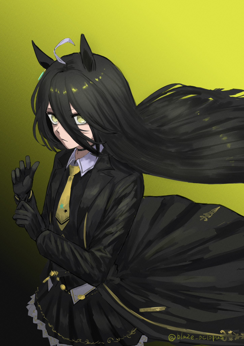 1girl, adjusting_clothes, adjusting_gloves, animal_ears, birthday, black_background, black_choker, black_gloves