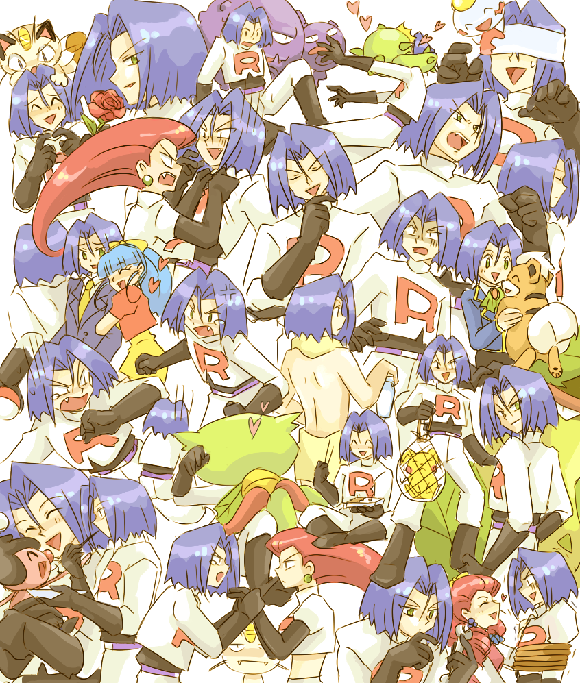 anger_vein, bdsm, blue_hair, blush, bondage, bonsly, bonsly_(cameo), cacnea, cameo, carnivine, character_sheet, chimecho, clothes_writing, disappointed, earrings, eating, elbow_gloves, expressions, fang, femdom, flower, gloves, green_eyes, growlithe, heart, holding, jewelry, kojirou_(pokemon), meowth, mime_jr., multiple_persona, musashi_(pokemon), net, pikachu, pikachu_(cameo), poke_ball, pokemon, pokemon_(anime), pokemon_(creature), red_hair, red_rose, redhead, rope, rose, rumika_(pokemon), scared, smile, surprised, sweatdrop, team_rocket, teardrop, topless, usao_(313131), weezing, young