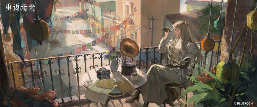 1girl, absurdres, balcony, binoculars, boots, box, building, chair