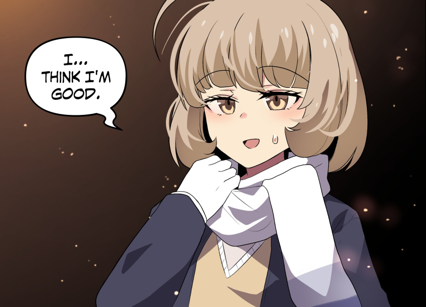 1girl, brown_eyes, brown_hair, coat, commentary, embers, english_commentary, english_text