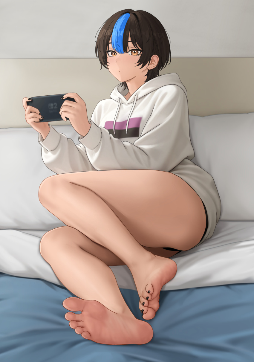 1girl, :/, absurdres, bare_legs, barefoot, black_hair, black_nails, black_panties, blue_streaks, brown_eyes, commentary, english_commentary, feet, foot_focus, hair_between_eyes, handheld_game_console, highres, holding, holding_handheld_game_console, hood, hoodie, legs, looking_at_viewer, multicolored_hair, nail_polish, nihu, nintendo_switch_2, original, panties, shiragi_(nihu), short_hair, single_hair_streak, sitting, soles, solo, streaked_hair, thick_thighs, thighs, toenail_polish, toenails, toes, underwear, white_hoodie
