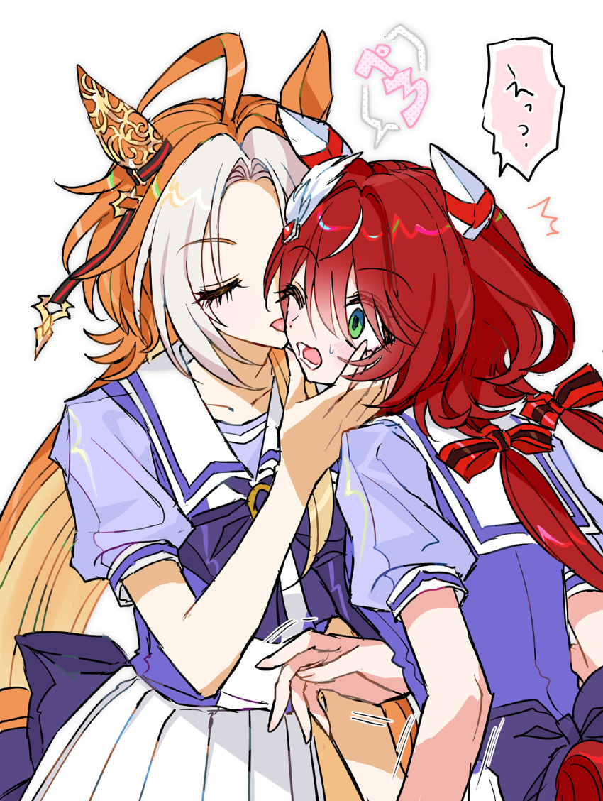 2girls, ahoge, animal_ears, closed_eyes, didi_(whaqlrpwjd), ear_covers, feather_hair_ornament, feathers