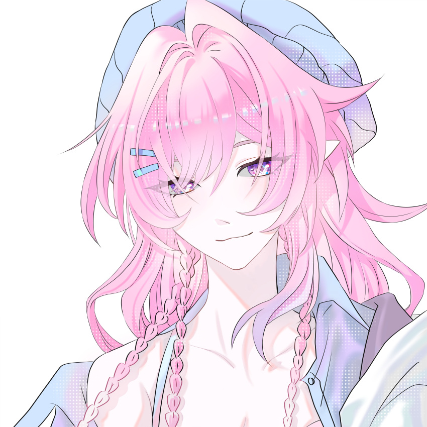 1girl, absurdres, blue_hat, blue_jacket, chinese_commentary, commentary_request, cyrene_(demiurge)_(honkai:_star_rail), cyrene_(honkai:_star_rail), cyrene_(nylon_japan)_(honkai:_star_rail), diamond-shaped_pupils, diamond_(shape), hat, highres, honkai:_star_rail, honkai_(series), jacket, long_hair, looking_at_viewer, meiyou_banfa_xiang_bu_chu, pink_hair, simple_background, solo, symbol-shaped_pupils, upper_body, very_long_hair, violet_eyes, white_background