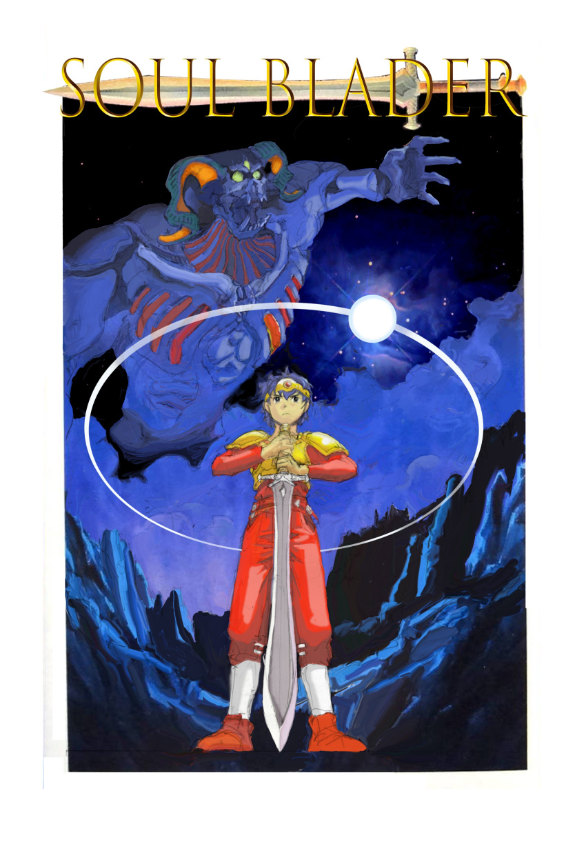 absurdres, armor, blazer_(soul_blazer), blue_hair, closed_mouth, commentary_request, copyright_name, fujiwara_kamui