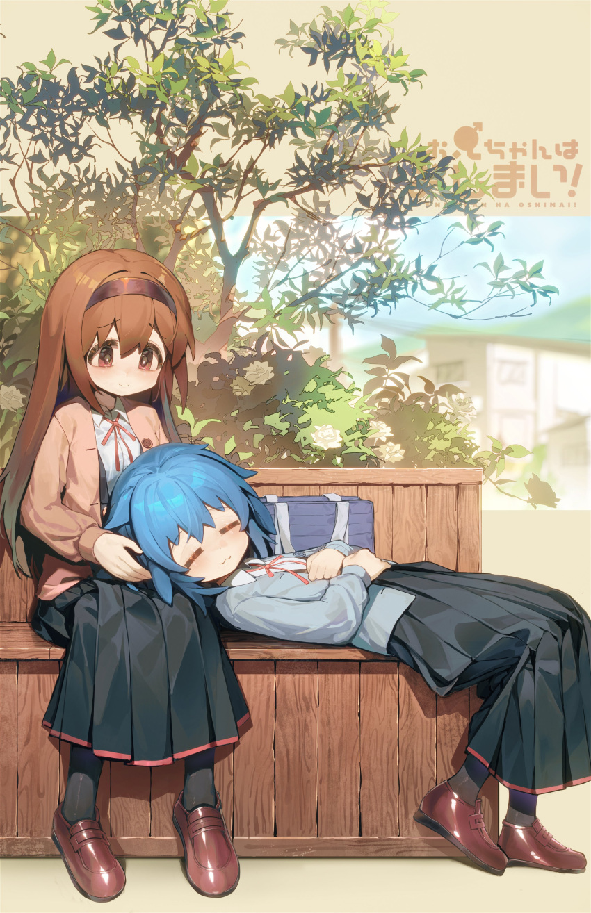 2girls, absurdres, ap04astral, bag, black_socks, blue_hair, brown_eyes, brown_hair