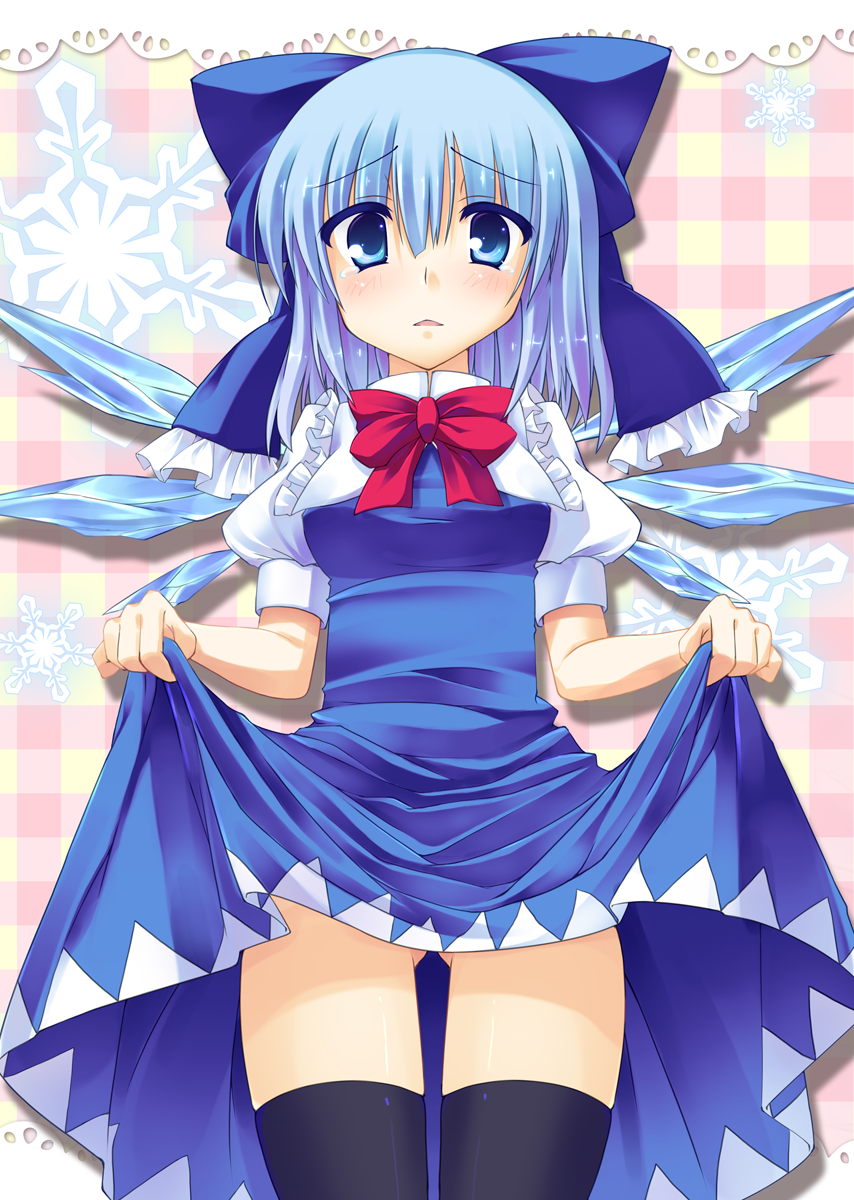 bad_id, black_legwear, blue_eyes, blue_hair, blush, bow, breasts, cirno